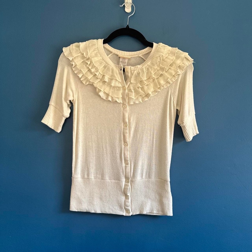 Y2K Ruffle Cardigan Women's Size Small Cream Flax Blend Pretty Good Twee Whimsy